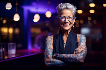 Portrait of happy senior woman with tattoos on arms standing in nightclubの素材