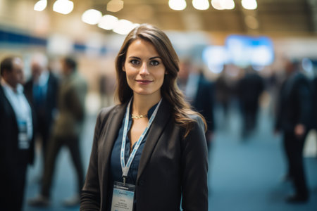Portrait of a beautiful businesswoman at the international trade show.の素材