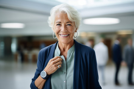 Portrait of smiling senior businesswoman standing in office corridor and looking at cameraの素材
