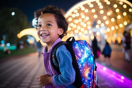 Portrait of cute little boy with backpack in amusement park at nightの素材