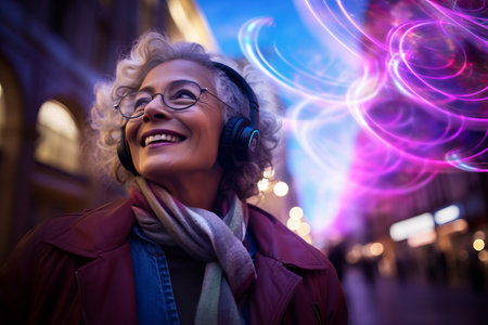 Smiling woman listening to music with headphones in the city at nightの素材
