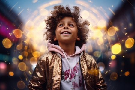 african american little girl with curly hair smiling at camera outdoorsの素材