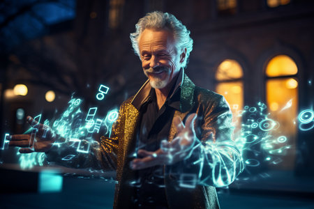Handsome senior man dancing on city street at night. Music conceptの素材
