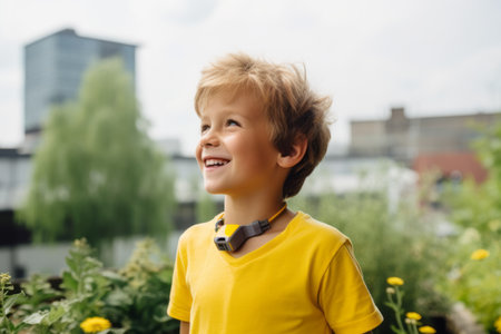 Outdoor portrait of a cute little boy with blond curly hair in a yellow T-shirt.の素材