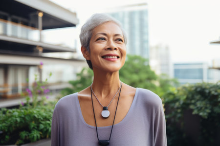Portrait of smiling mature woman in casual clothes standing outdoors and looking awayの素材