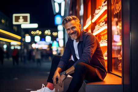 Portrait of a handsome man sitting on the street at night.の素材