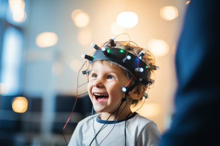 Cute little boy playing with Christmas lights on his head at homeの素材