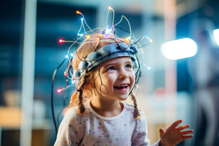Cute little girl with christmas lights on her head at homeの素材