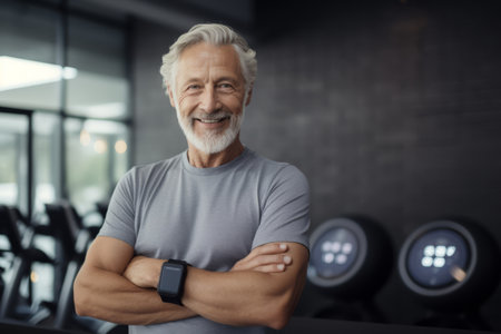 Cheerful senior man looking at camera and smiling while standing in gymの素材