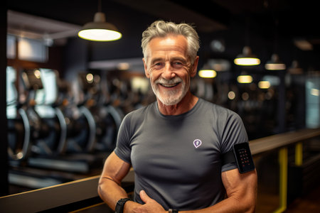 Portrait of happy senior man smiling at camera while standing at gymの素材