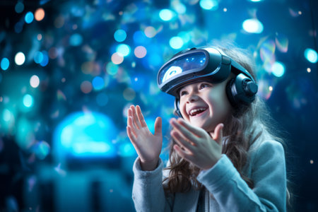 Little girl in virtual reality glasses. Future technology and entertainment concept.の素材