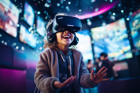 Little girl using virtual reality headset while playing video game in dark roomの素材