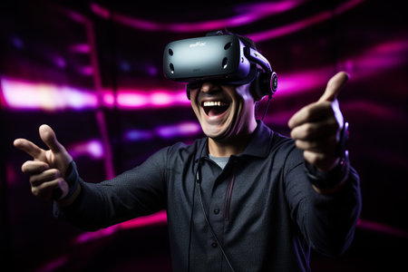 Young man wearing virtual reality goggles and gesturing thumbs up while playing a gameの素材