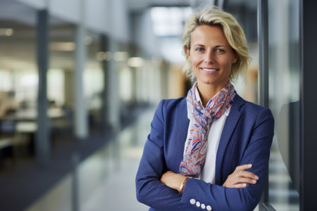 Portrait of smiling businesswoman standing with arms crossed in office corridorの素材
