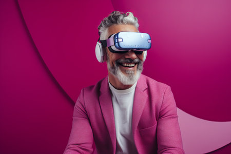 smiling senior man in vr headset looking at camera on pinkの素材