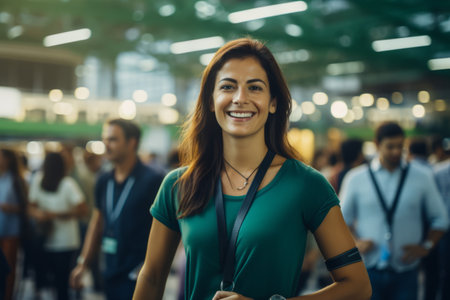 Portrait of a beautiful young woman in a shopping center. She is looking at the camera and smiling.の素材