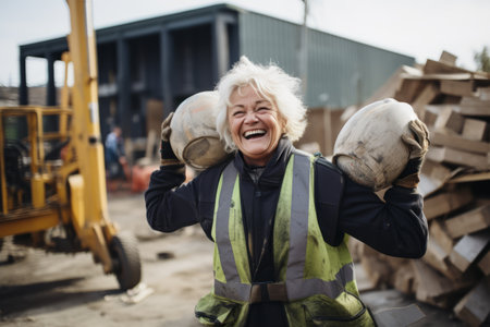 Portrait of a senior woman working on a construction site. She is laughing and holding a bucket.の素材