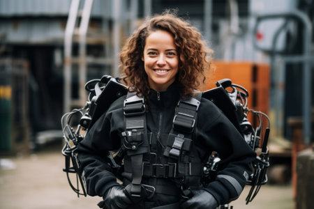 Portrait of a beautiful young woman with curly hair in a black diving suit.の素材