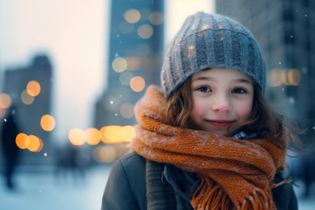 Portrait of a cute little girl in a winter hat and scarf on the background of the cityの素材