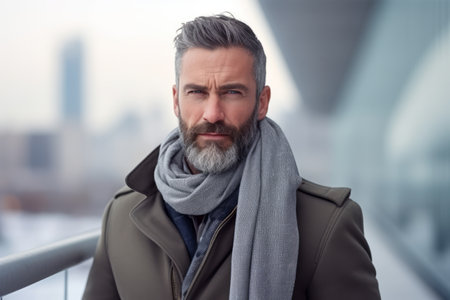Portrait of mature man with gray beard and gray scarf in urban backgroundの素材