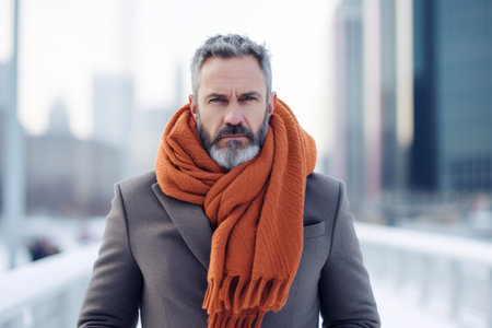 Portrait of a mature man with a beard wearing an orange scarfの素材