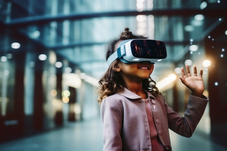African american businesswoman using virtual reality headset in office building.の素材