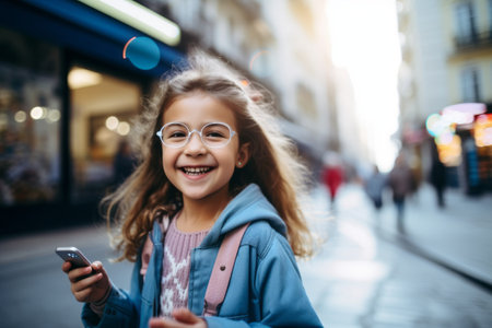 Portrait of a cute little girl in glasses with a phone in the city.の素材