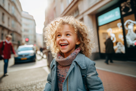 Little girl with curly blond hair in a blue jacket on a city streetの素材