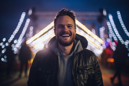 Portrait of a smiling young man on the bridge at night.の素材