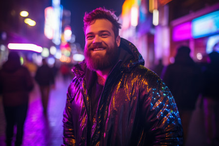Handsome young man with a beard in a raincoat on the street at nightの素材