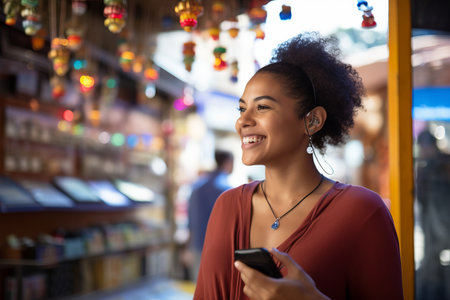 Portrait of happy young woman using mobile phone in a shopping centerの素材
