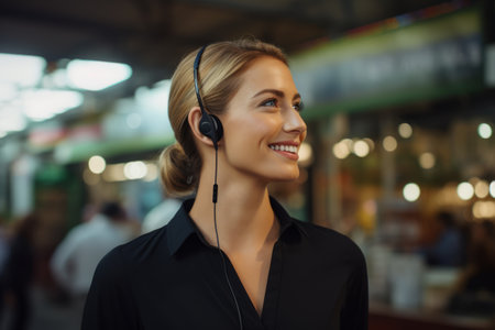 Portrait of smiling customer service executive with headset in a coffee shopの素材
