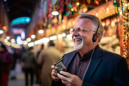 Portrait of happy senior man listening to music with mobile phone at Christmas marketの素材