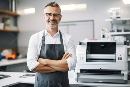 Portrait of confident mature man in apron standing with arms crossed at officeの素材