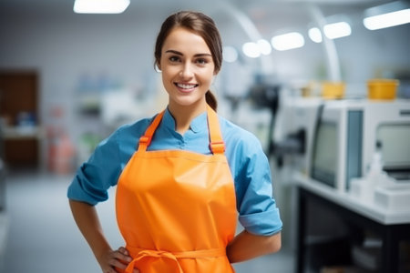 Portrait of smiling female worker standing with arms akimbo in factoryの素材