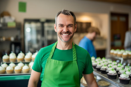 Portrait of smiling male staff holding cupcakes in confectioneryの素材