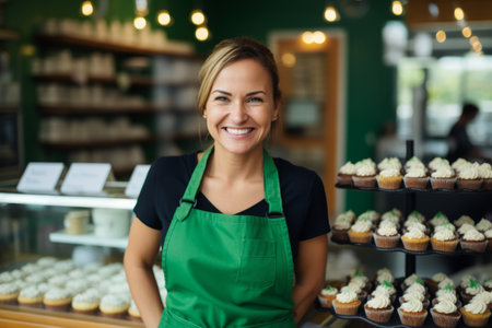 Portrait of smiling female staff offering cupcakes in a bakery shopの素材