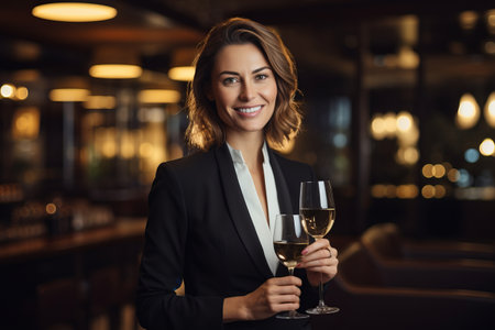 Portrait of smiling businesswoman holding glass of white wine in restaurantの素材