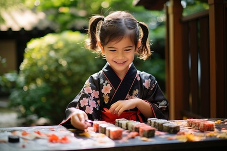 Little girl in traditional japanese kimono eating sushi.の素材