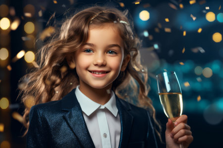beautiful little girl with glass of champagne celebrating new year or christmasの素材
