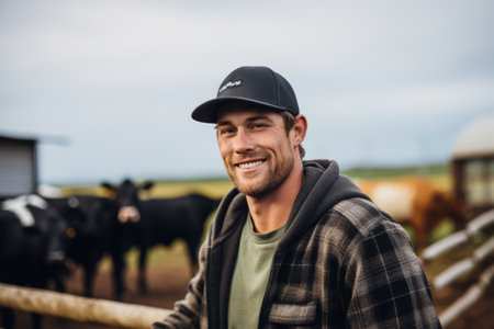 Portrait of a smiling farmer standing next to cows on a farmの素材