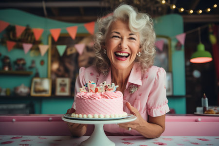 Beautiful senior woman holding a birthday cake in her hands and laughingの素材