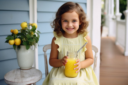 Cute little girl holding glass jar of fresh lemon juice, outdoorsの素材