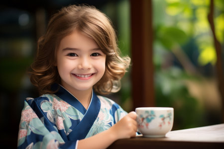 Portrait of a cute little girl in kimono drinking coffeeの素材