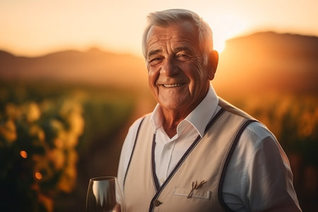 Portrait of senior man with glass of wine in vineyard at sunsetの素材