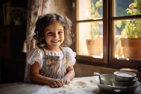 Cute little girl in apron kneading dough on kitchen tableの素材