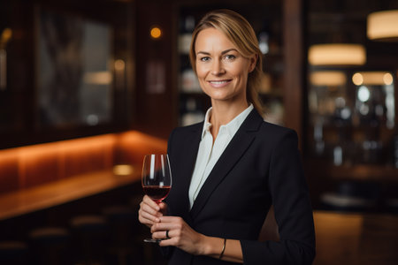 Portrait of smiling businesswoman holding glass of red wine in restaurantの素材