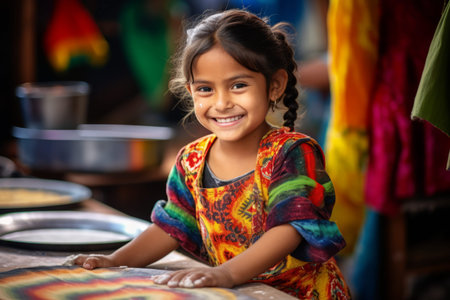 Portrait of a smiling little Indian girl in traditional dress at the marketの素材