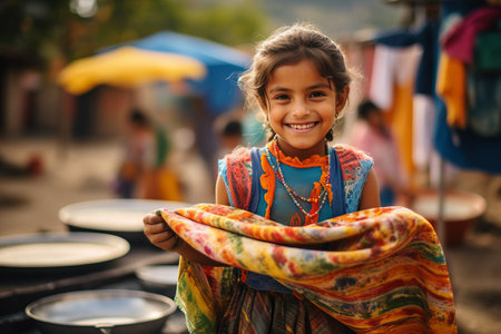 Portrait of a smiling little girl in colorful clothes at the marketの素材