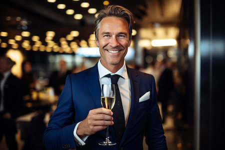 Portrait of smiling businessman holding a glass of champagne in a restaurantの素材